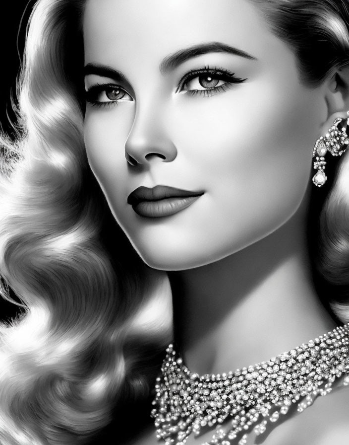 Monochrome portrait of woman with wavy hair and glamorous accessories