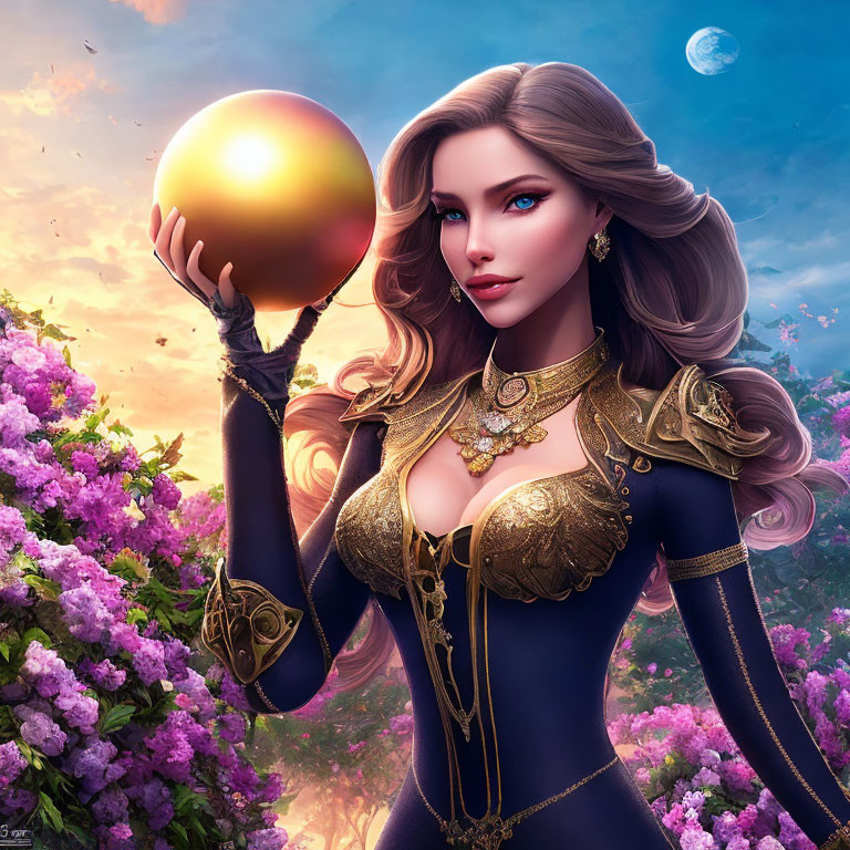 Fantasy female character with golden orb in vibrant floral setting