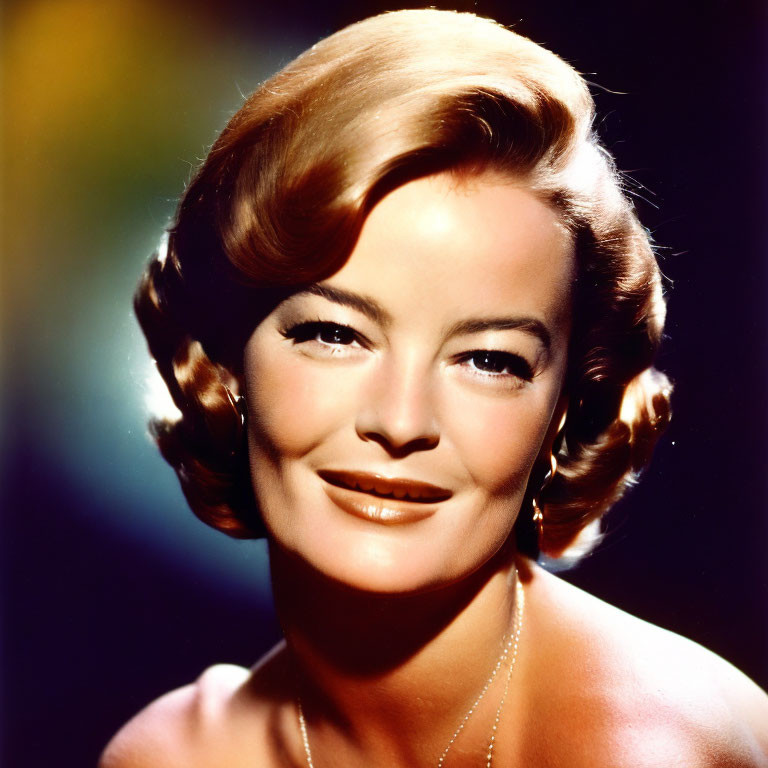 Vintage Portrait of Smiling Woman with Short Wavy Hair and Yellow Backdrop