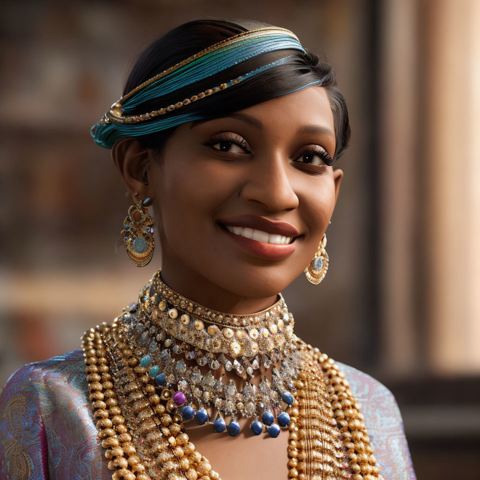 Smiling woman with elaborate jewelry on blurred background