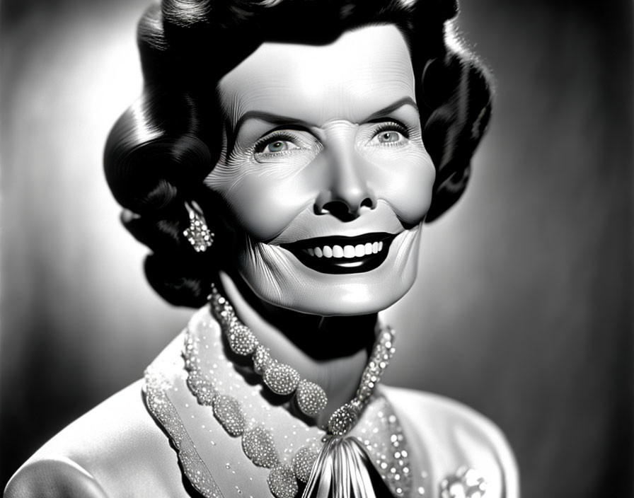 Smiling woman in vintage attire with beaded dress and necklace