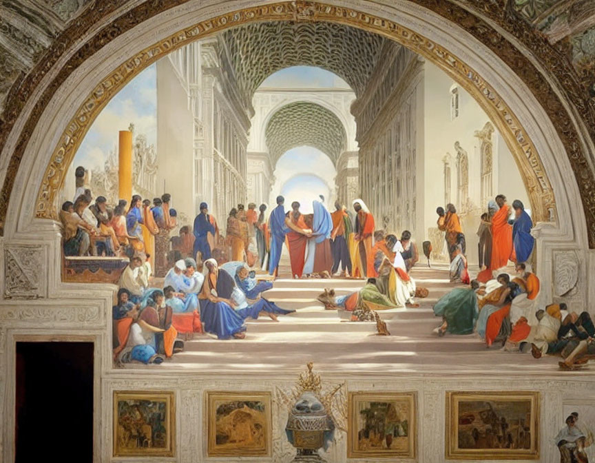 Classical painting of bustling figures in ornate gallery