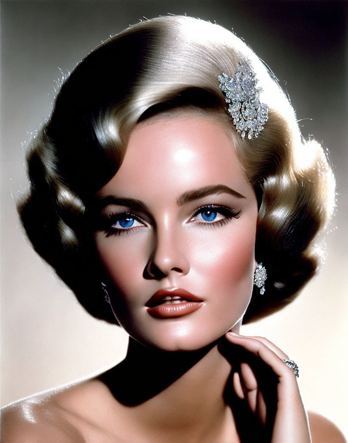 Classic Hairstyle and Sparkly Hair Accessory on Elegant Woman with Striking Blue Eyes
