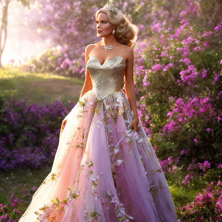 Woman in ornate gown with jewelry among purple flowers in sunlight forest.