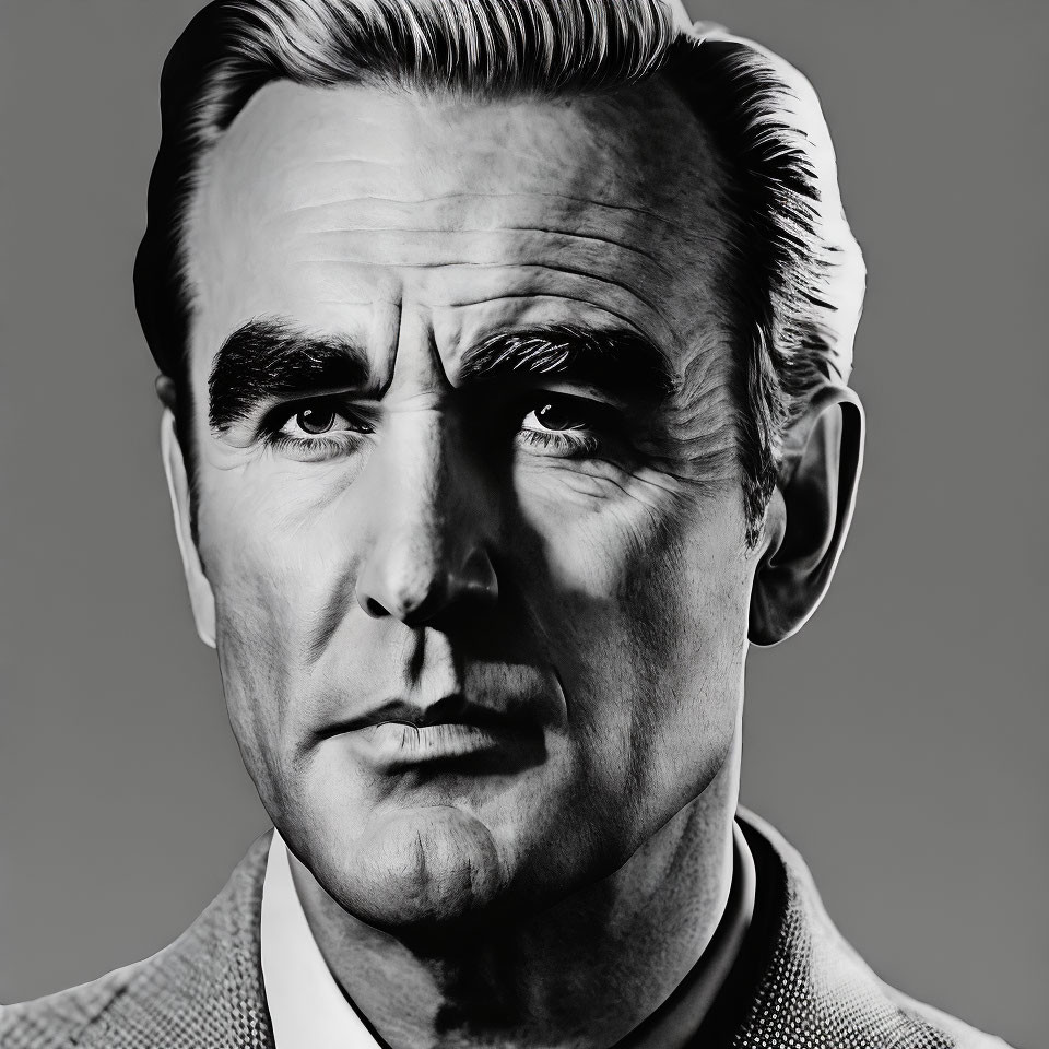 Monochrome portrait of mature man with strong jawline and slick-backed hair in suit and tie
