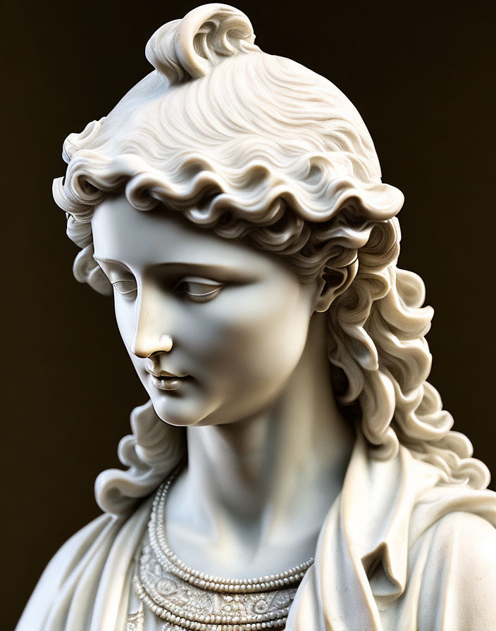 Detailed White Marble Sculpture Bust with Curly Hair and Draped Clothing
