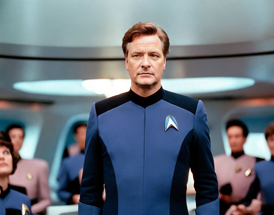 Blue Starfleet Uniformed Man on Spaceship Bridge with Crew