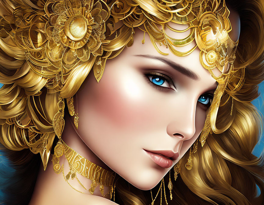 Woman with Blue Eyes in Golden Headdress and Jewelry, Digital Artwork