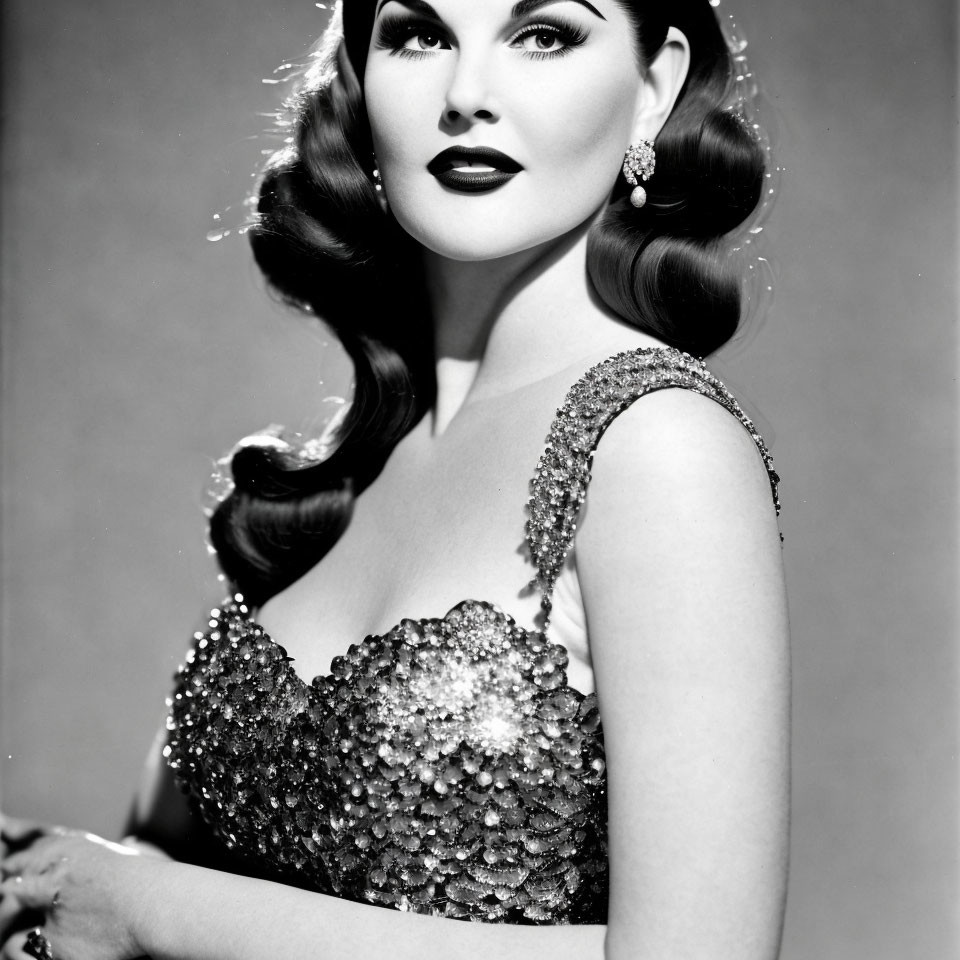 Monochrome portrait of woman with voluminous curled hair and sequined gown