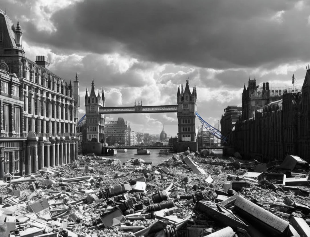 Monochrome image: Tower Bridge with rubble and cloudy sky