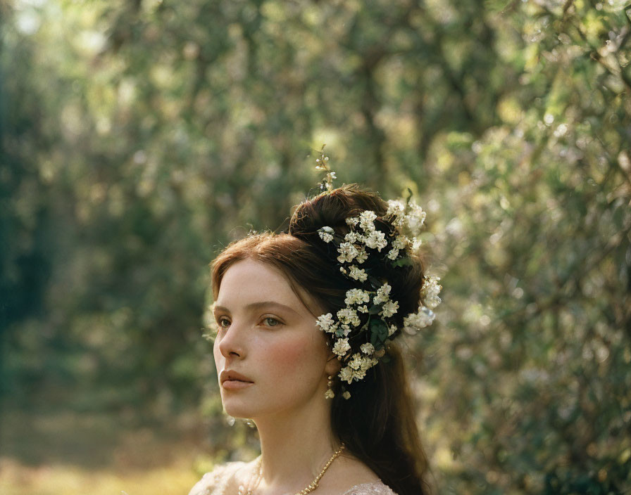 Woman with flowers in hair surrounded by lush green background