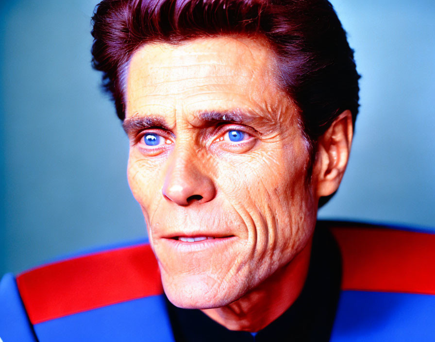 Close-Up Image of Person with Striking Blue Eyes in Blue and Red Futuristic Costume