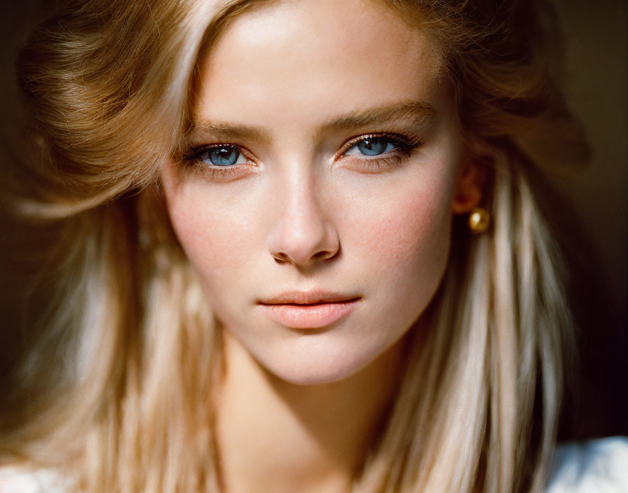 Blonde woman portrait with blue eyes and earrings in warm sunlight