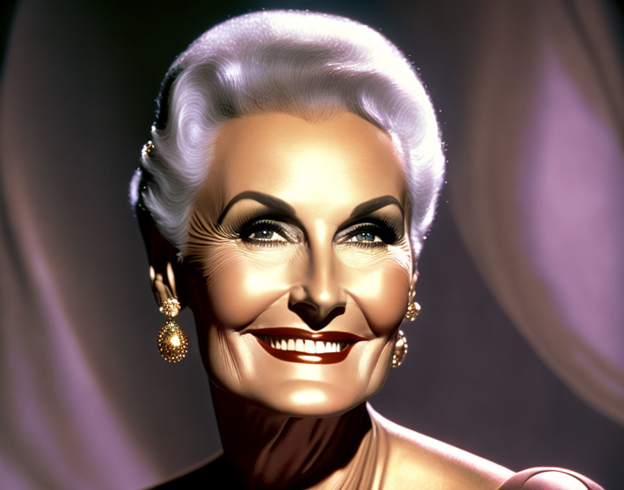 Elegant older woman with white hair and earrings smiling on gradient background