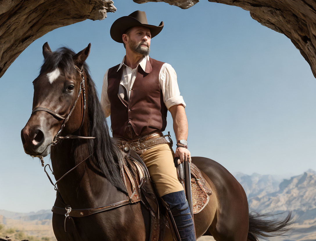 Cowboy on horse in desert landscape with cowboy hat and vest.