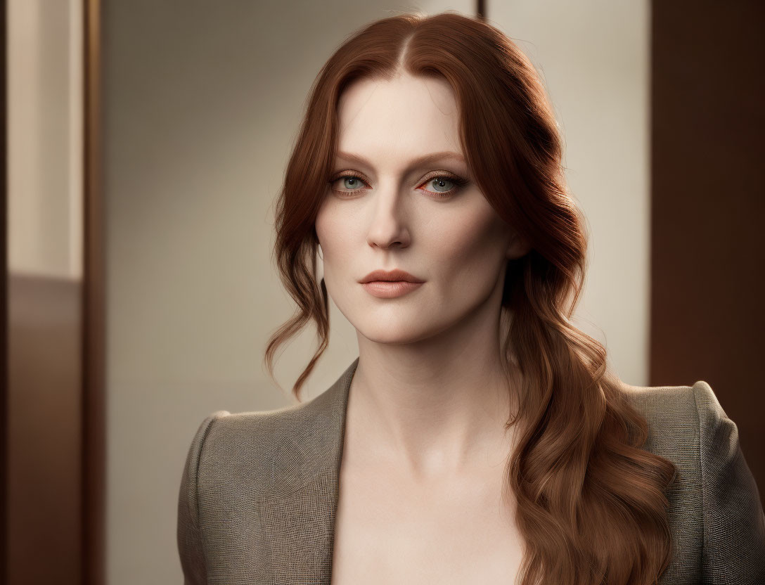 Portrait of Woman with Auburn Hair and Green Eyes in Brown Blazer