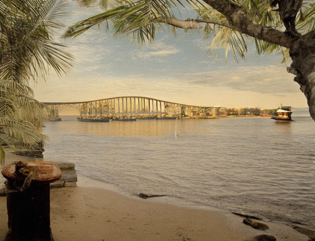 Tranquil beach scene with arched bridge, boat, and palm trees