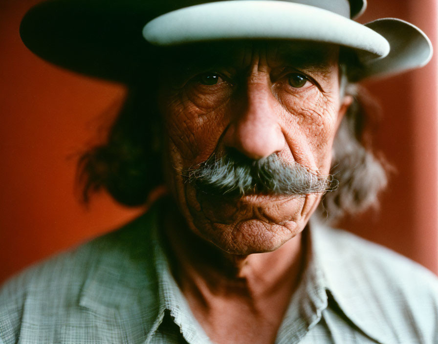 Close-Up Portrait of Older Man with Mustache in Hat on Red Background