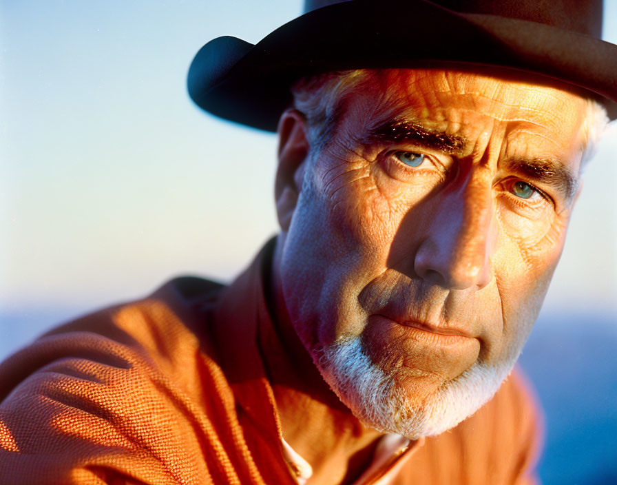 Detailed close-up portrait of mature man with hat, intense eyes and sunlit background