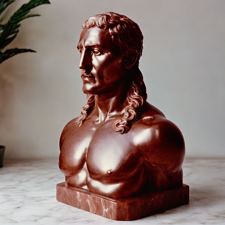 Bronze bust of muscular male figure with curly hair and stoic expression on marble base