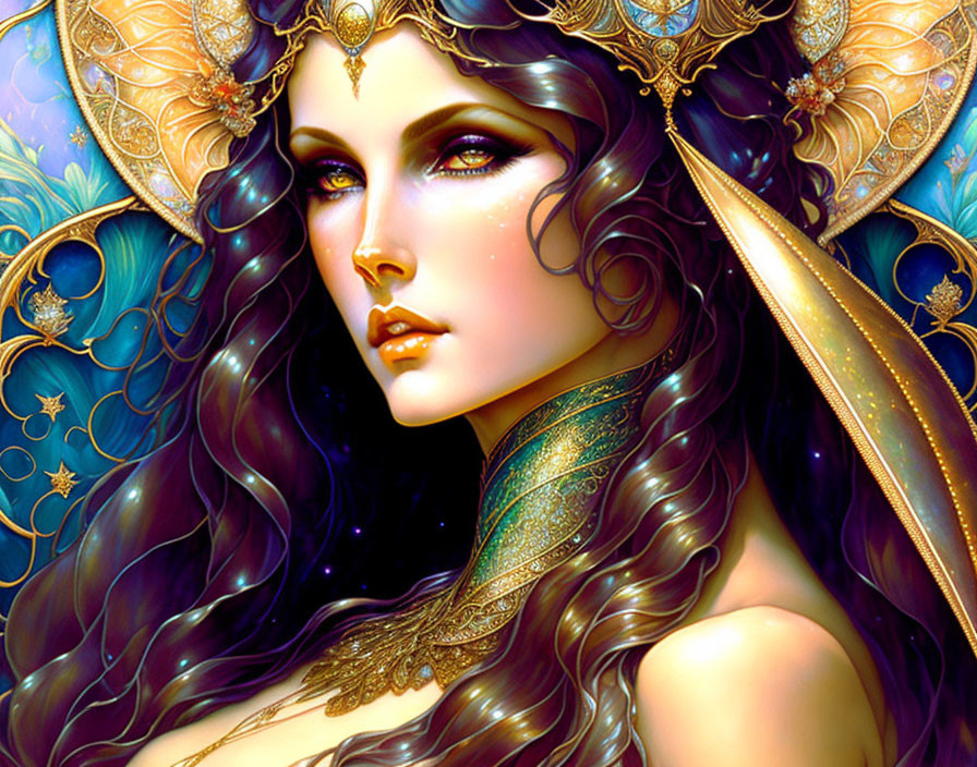 Fantasy illustration: Woman with wavy hair & golden headdress