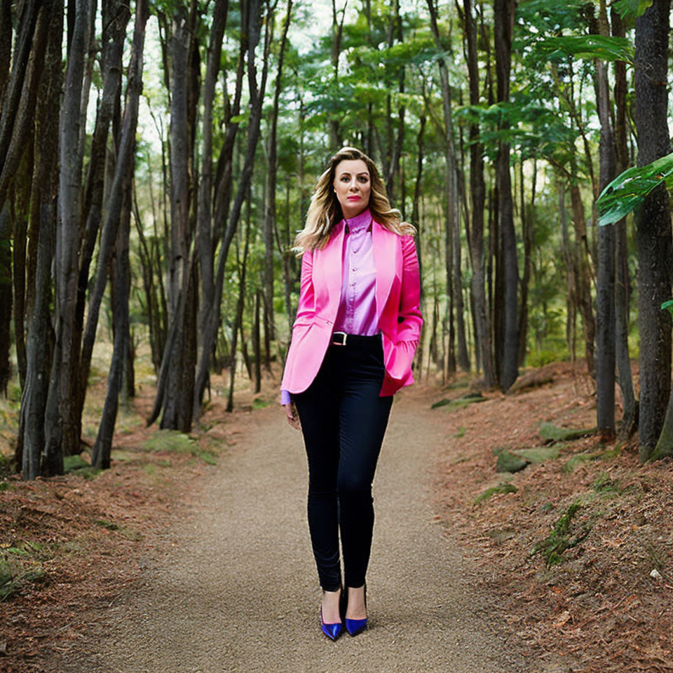Woman in pink blazer on forest path in purple heels