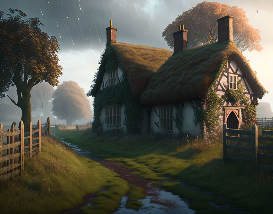 Thatched-Roof Cottage Next to Wet Path in Rainy Sunlit Scene