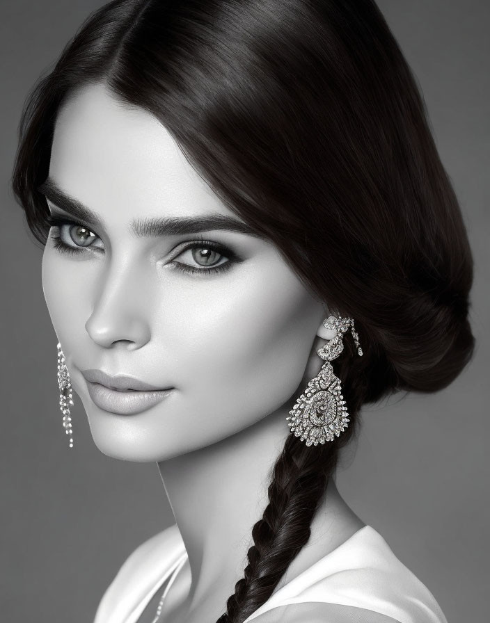 Monochrome portrait of woman with elegant makeup and side braid