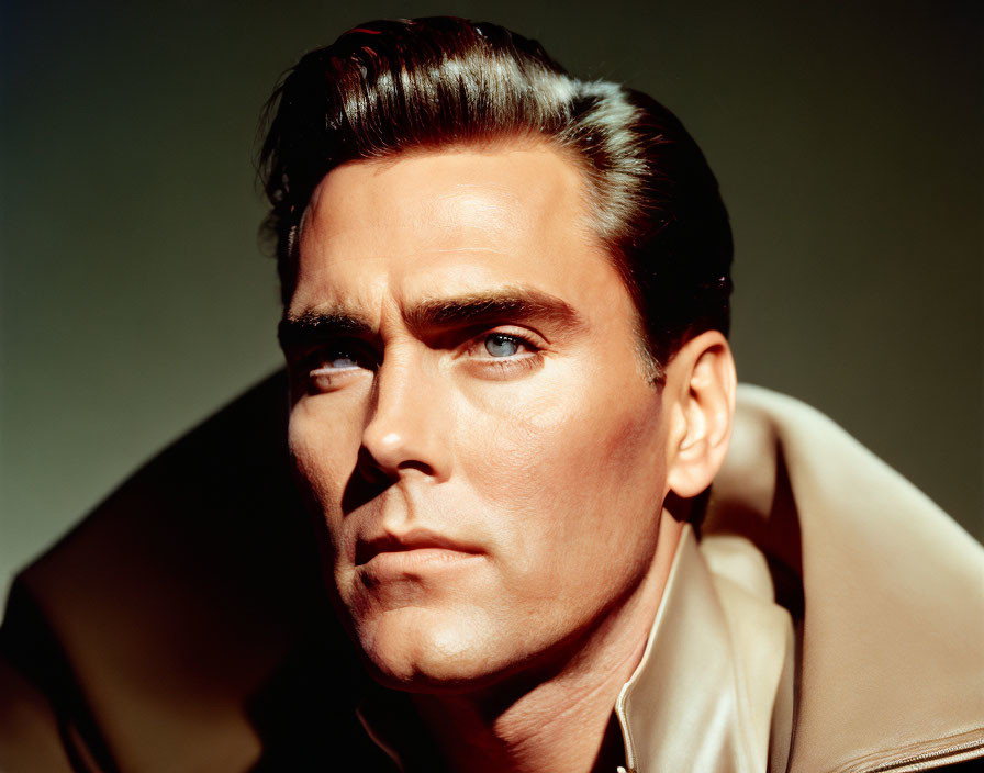 Dark-haired man with intense gaze in light jacket portrait.