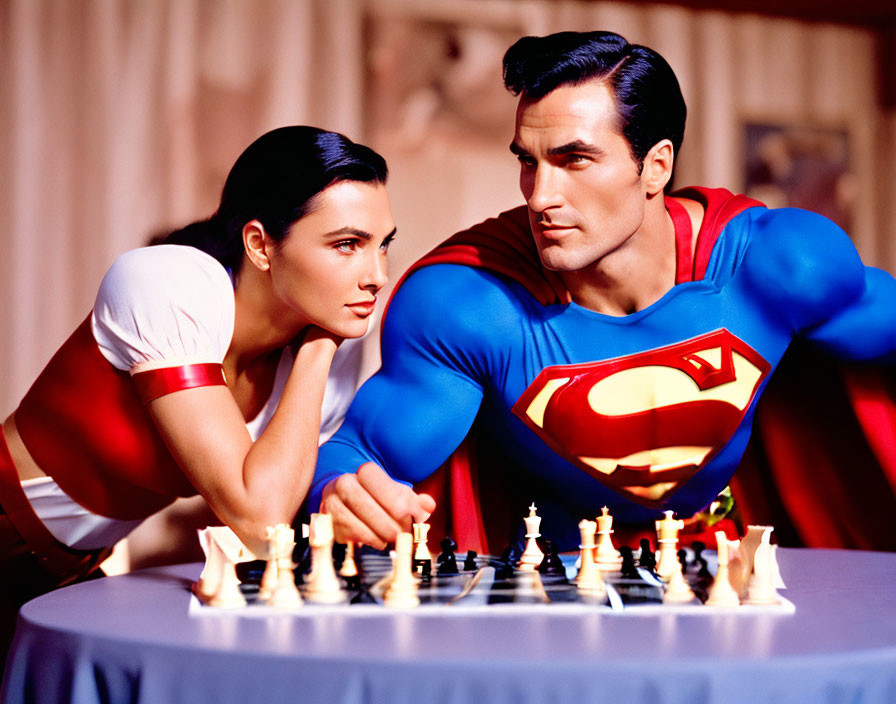 Woman and man dressed as Superman playing chess with intense focus