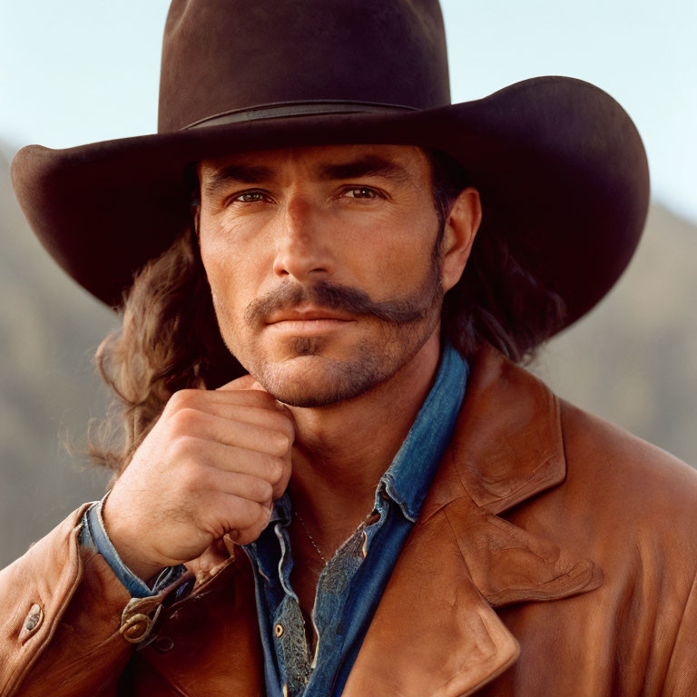 Man in brown leather jacket and wide-brimmed hat with mountains.
