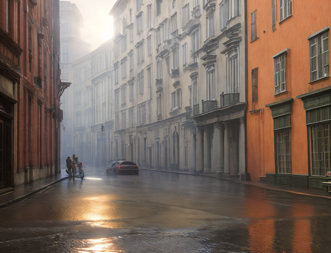 Mist-covered street scene with classic architecture, pedestrians, orange building, and parked car