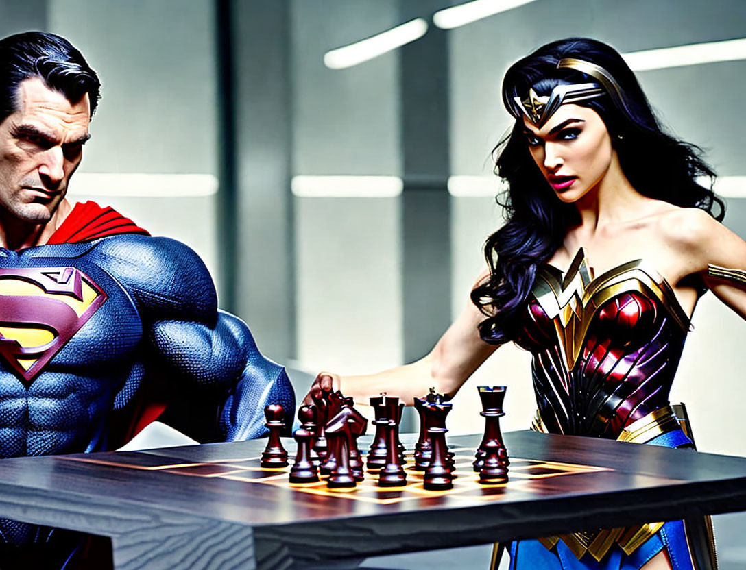 Superman and Wonder Woman chess figures display superhero strategy