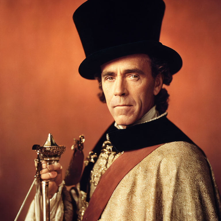 Regal man in golden attire with scepter and top hat on warm backdrop