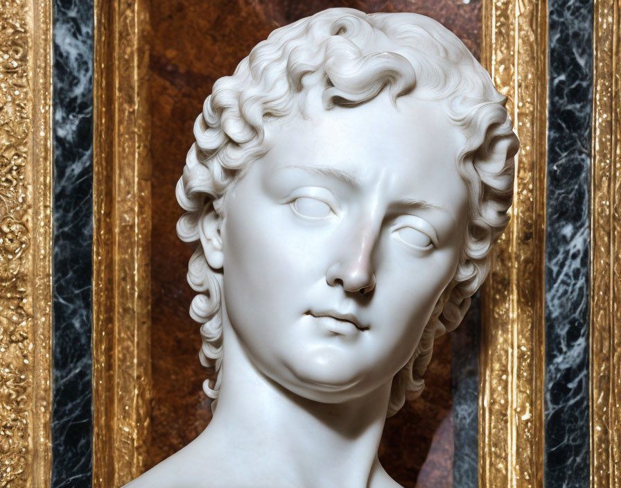 Detailed Marble Bust Sculpture of Woman with Curly Hair
