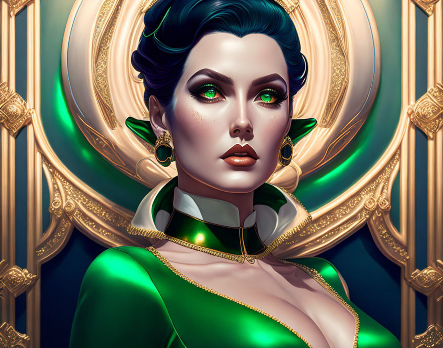 Digital illustration: Woman with green eyes and styled hair in green outfit with gold details on ornate golden