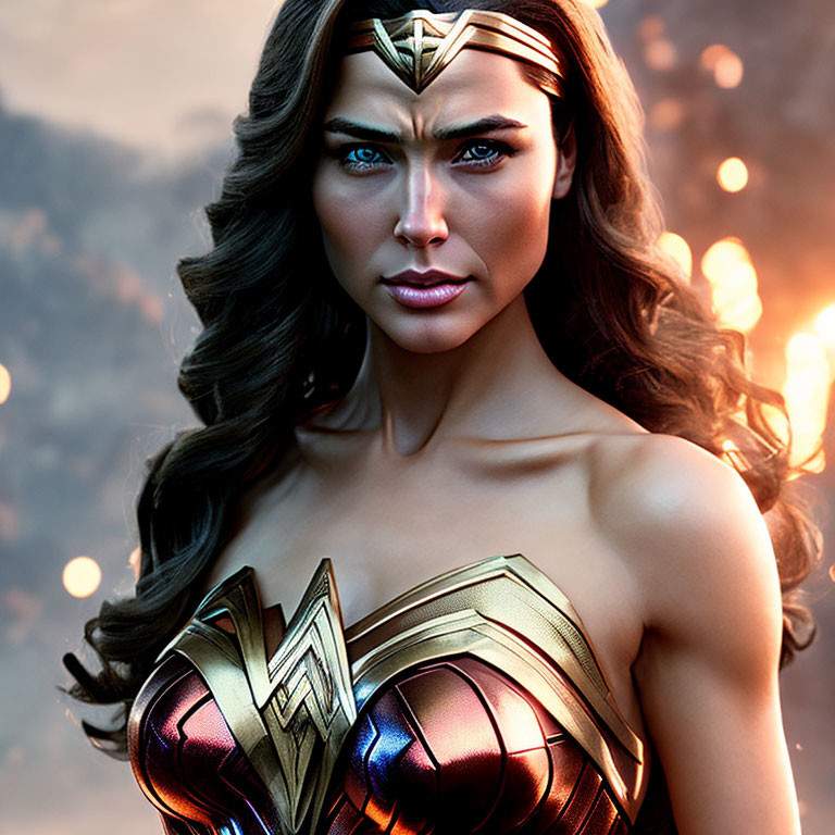 Female superhero digital artwork: golden tiara, armored suit, fiery backdrop