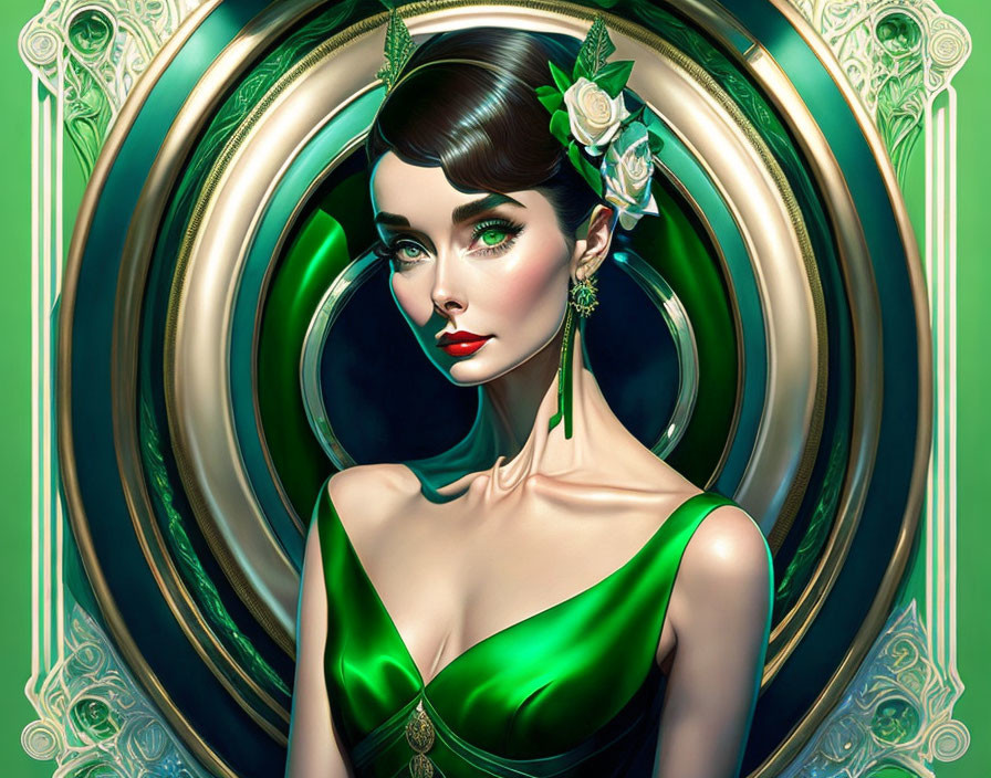 Illustration of woman with porcelain skin, styled hair, green satin dress, surrounded by art nouveau circles