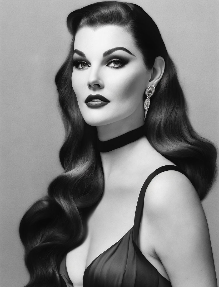 Monochrome portrait of woman with glamorous hair, bold makeup, choker, and earrings