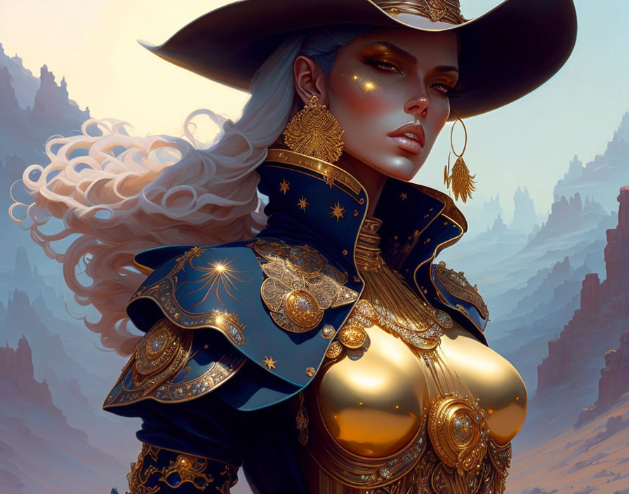 Fantasy artwork: Woman in golden armor with white hair, wide-brimmed hat, mountainous
