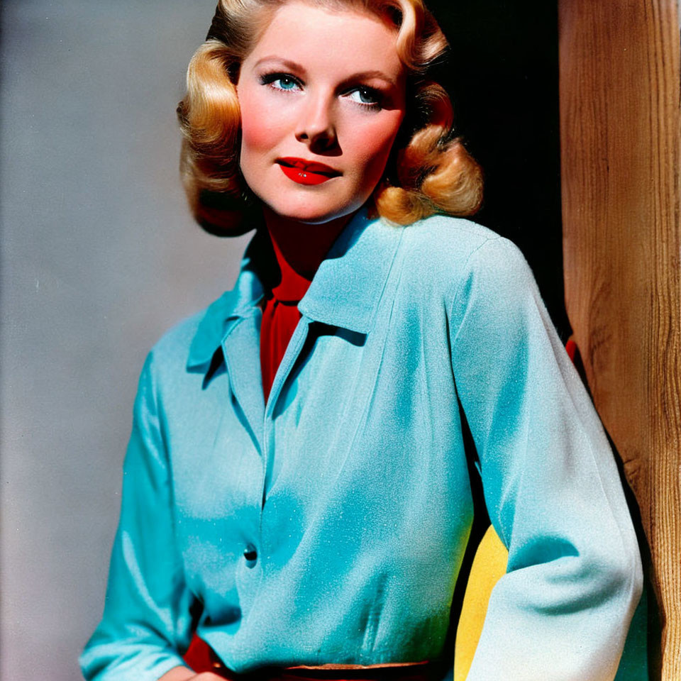 Vintage Portrait: Blonde Woman in Blue Jacket with Red Collar
