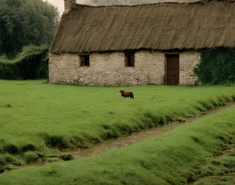 Brown horse in green meadow by stone cottage and stream
