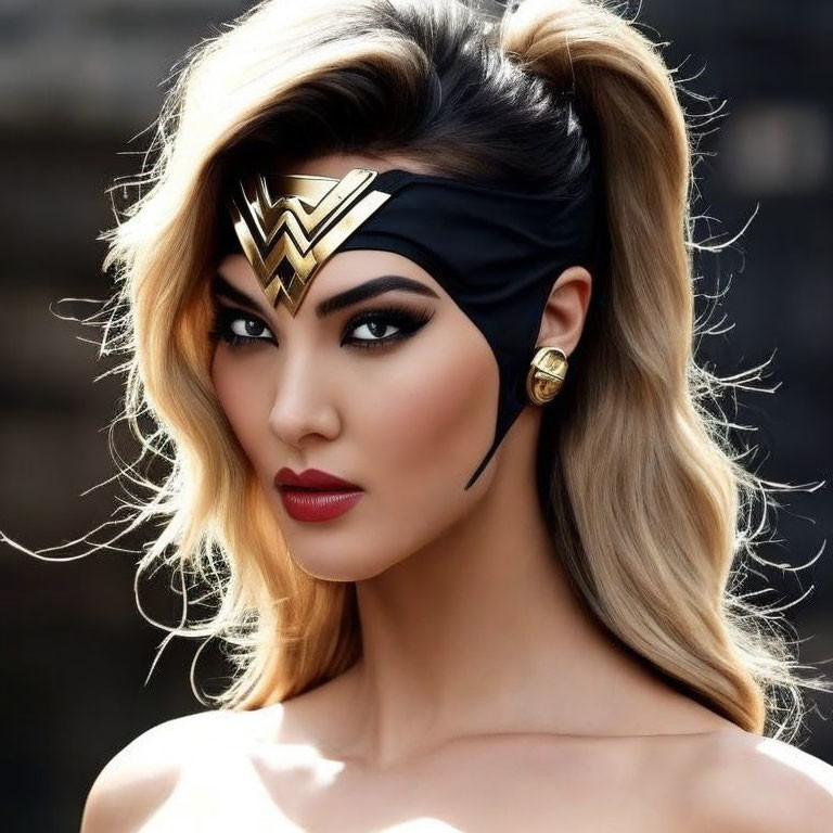 Woman with Wonder Woman tiara and dramatic makeup in confident gaze, partial updo with voluminous hair