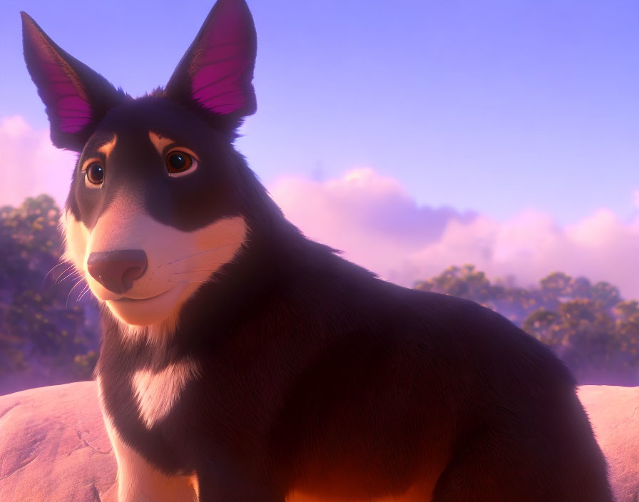 3D animated dog with expressive eyes and perky ears on purple dawn/dusk background