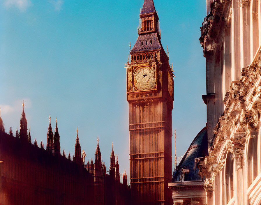 Iconic Big Ben tower and Houses of Parliament in London under clear blue skies and warm sunlight.