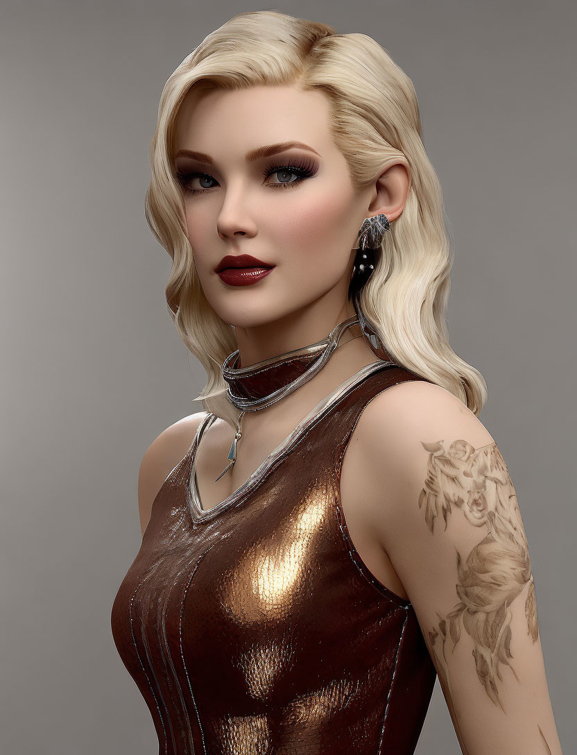 Blonde woman in metallic dress with choker and shoulder tattoo