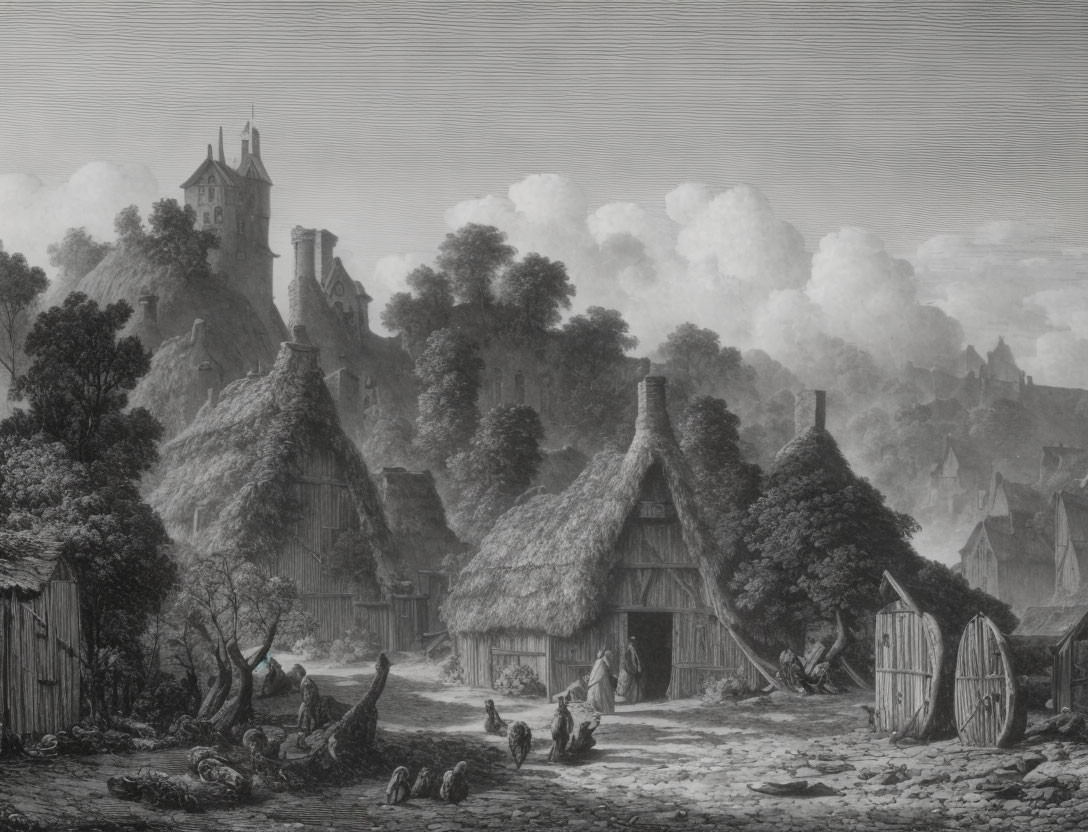 Medieval village with thatched-roof cottages and castle in monochrome.