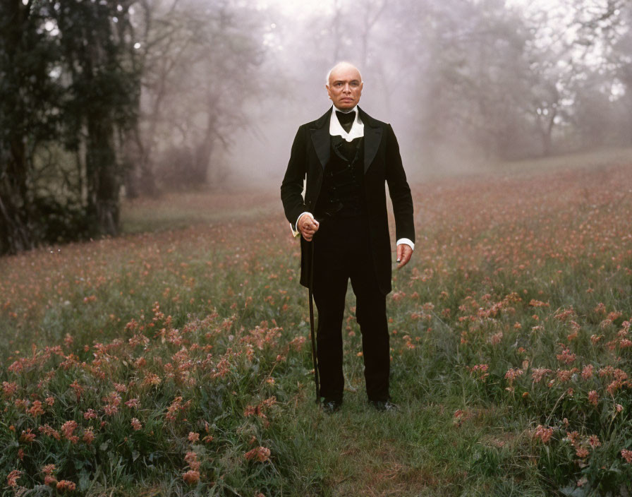 Formal person in black outfit with bow tie and glasses in misty field with cane