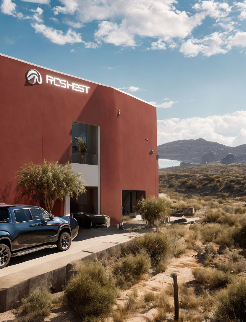 Red Building with Logo, Cars, Desert, Mountains, and Lake