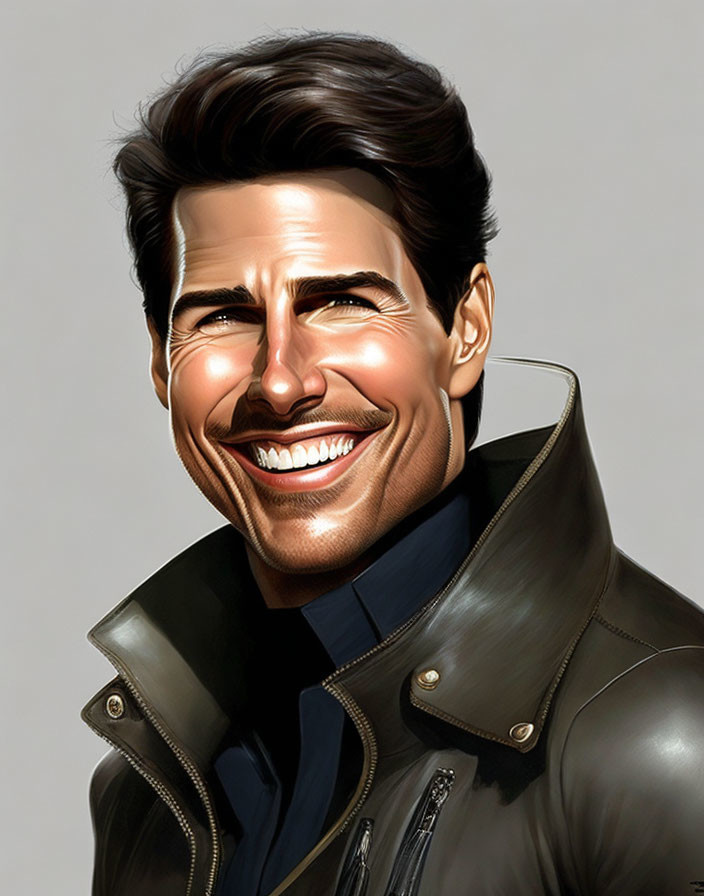 Exaggerated smile man in brown leather jacket illustration